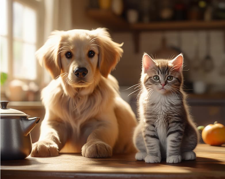 Golden retriever puppy and tabby kitten on a kitchen counter